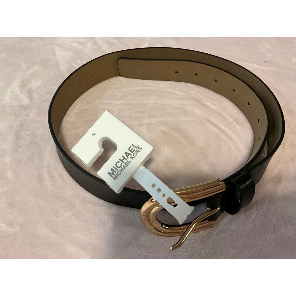 Michael Kors Black Pebbled Leather Belt Gold Horseshoe Buckle 556379C Mens M